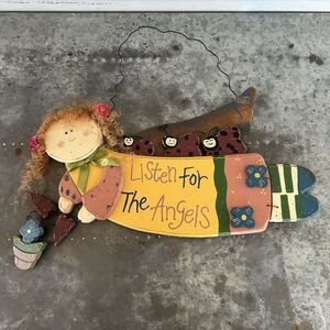 Vintage Wood Angel Wall Art Lady Bugs “Listen For The Angels” Religious Country